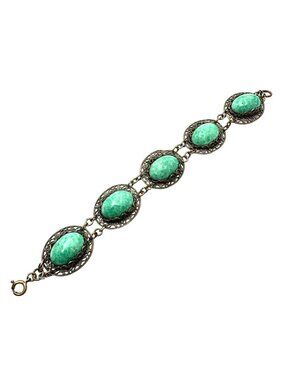 Vintage Czech Green Peking Glass Antiqued Gold Tone Bracelet 7 Inch
